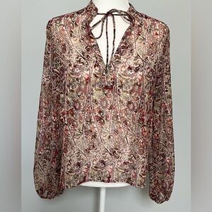 Molly Bracken Sheer Floral Multicolor Top Long‎ Sleeve Tie At Neck Blouse Size L
